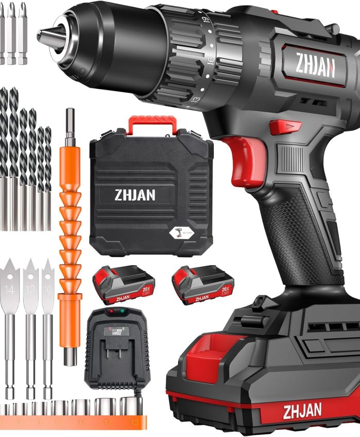 ZHJAN Perceuse Visseuse Sans Fil 20V,Impact Sans Fil(2 Batteries 1.3Ah,20+1+1 Réglages de Couple),60N.m Max Drill,13mm Chuck,Suit pour les projets de bricolage dans la maison et le jardin