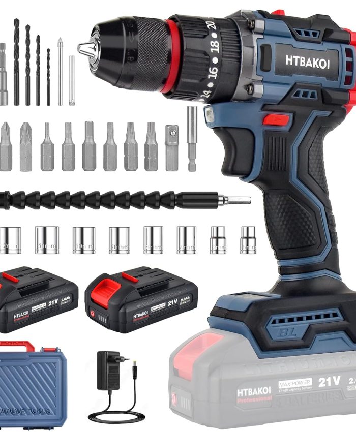 Perceuse Sans Fil 21V Visseuse Percussion Viseur Coffret Devisseuse Deviseuse Drill Parad Batterie Cordless Perceuse Visseuse Sans Fil, 2 * 2.0Ah Batteries, 32 Accessoires, 80N.m, Moteur Sans Balais