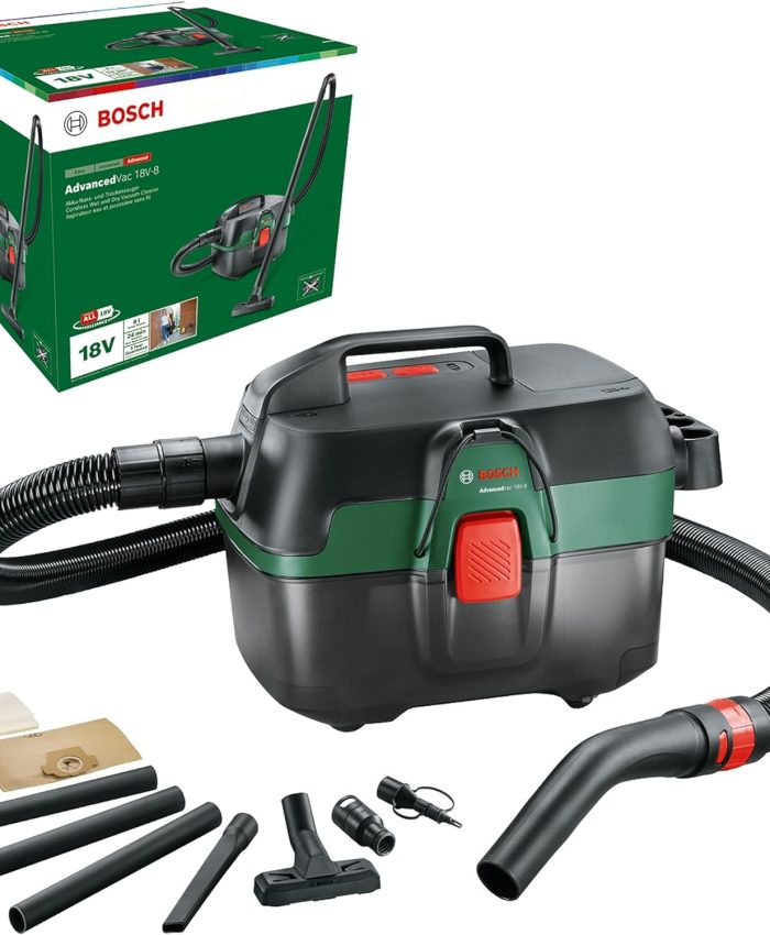 Aspirateur d’eau et poussière sans fil Bosch – AdvancedVac 18V-8 (sans batterie, système 18V, set d’accessoires inclus, dans un emballage en carton)