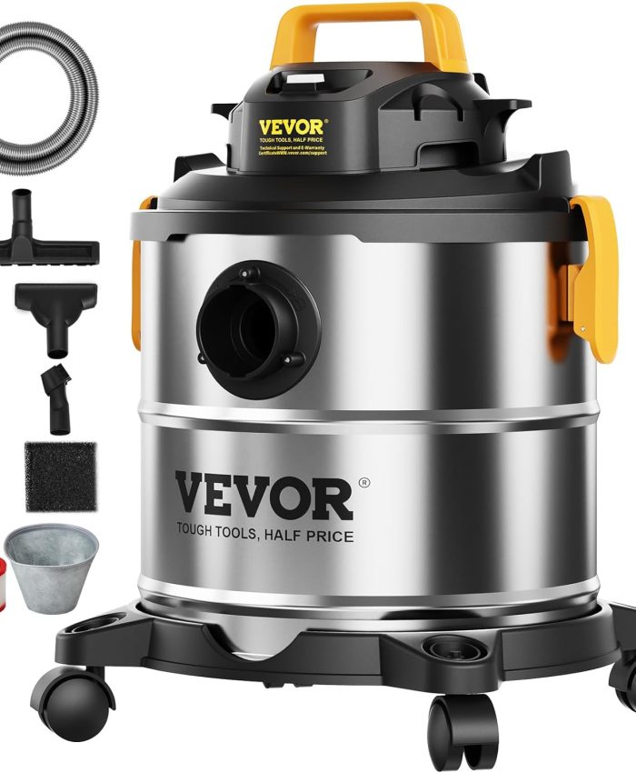 VEVOR Aspirateur eau et poussière 20 L, aspirateur d&rsquo;atelier sec humide portable inox, 6 CV max, aspiration soufflerie efficace avec buse, roulettes, pour tapis, débris, poils d&rsquo;animaux, argent noir