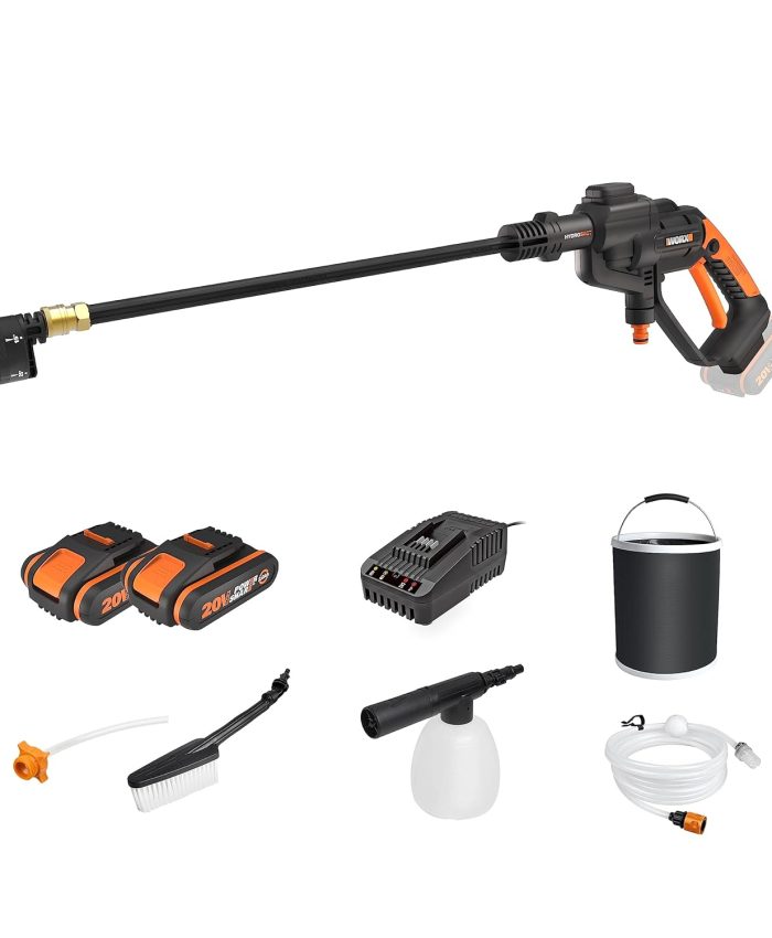 WORX 18V(20V Max) Hydroshot Portable, Nettoyeur Haute Pression sans Fil WG620E.4, Pistolet Nettoyage Voiture 2 en 1 Arrosage Système, Fonction Auto-amorçante, 120L/h 24Bar, 2pcs 20V 2,0Ah Batterie