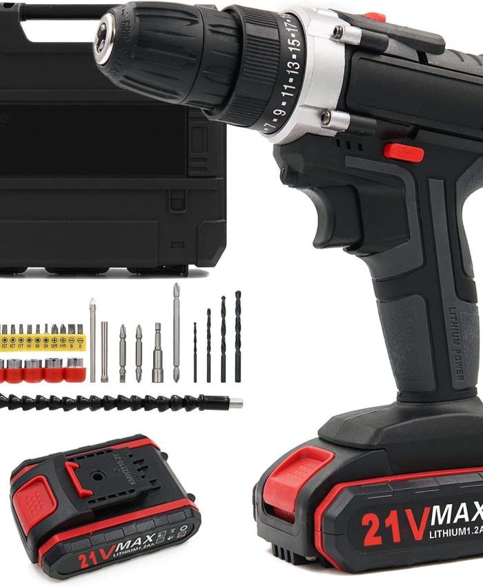 perceuse visseuse sans fil 21V, 45N.m électrique sans fil avec boîte à outils, perceuse électrique sans fil avec batterie 2 x 1.2ah, 2 vitesses, 25+3 Réglages de Couple, lumière LED
