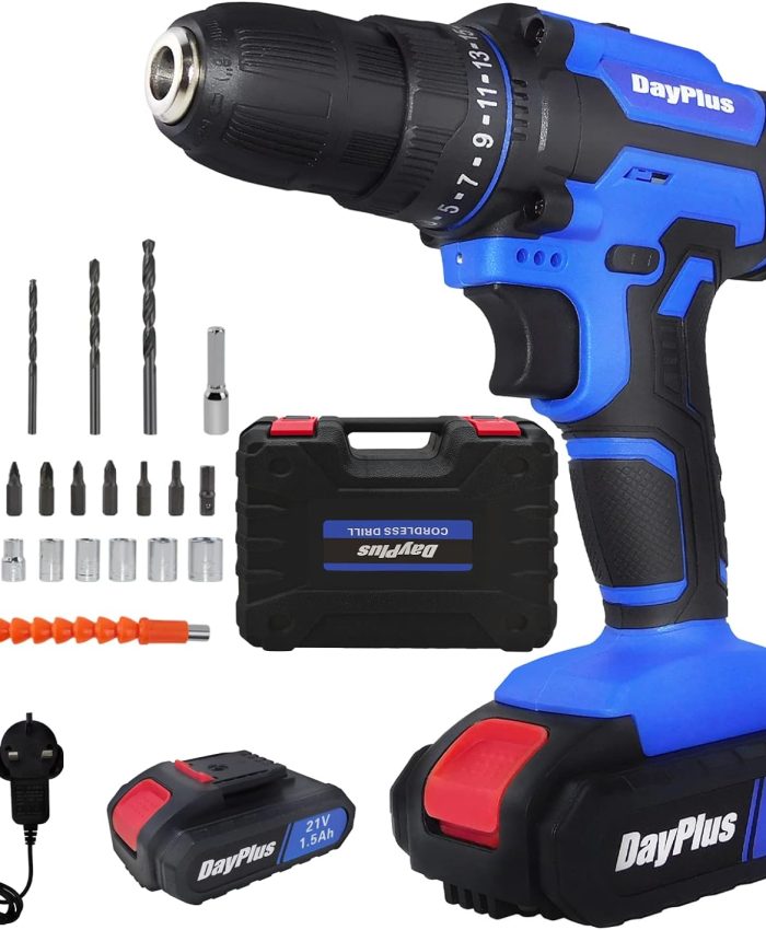 Perceuse-visseuse portative sans fil, 21 V pour percer du métal/mur/bois, 1500 mAh, 45 Nm, réglage de couple 25 + 1, 2 vitesses, lumière LED