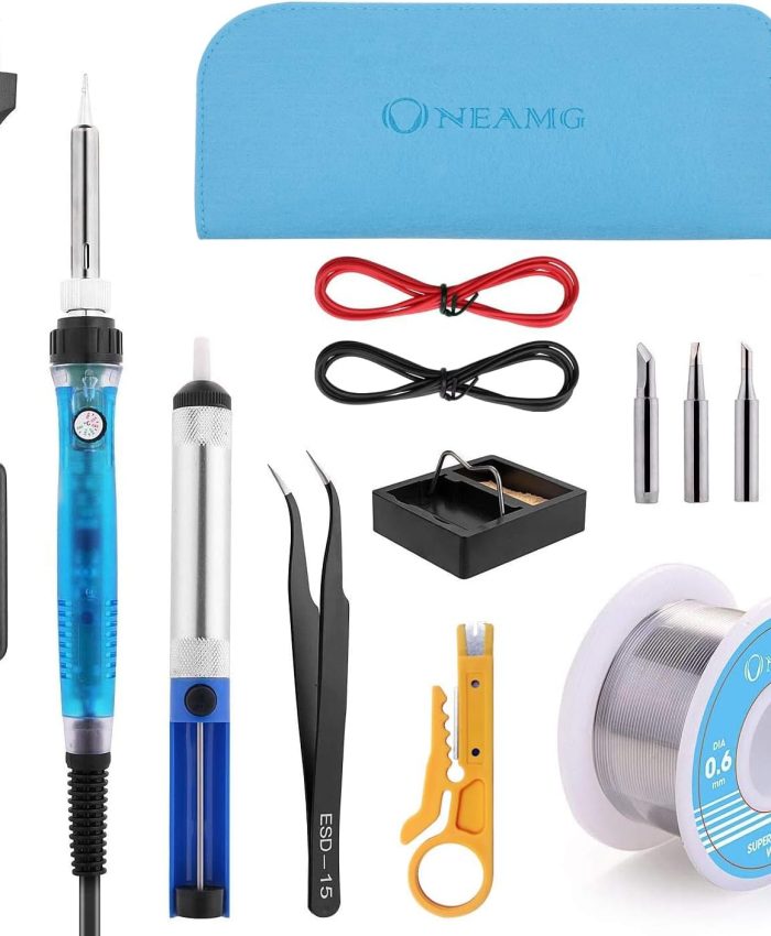 Fer à Souder Kit, ONEAMG 60W, Electrique, Temperature Réglable avec Interrupteur ON/OFF, Station de Soudage avec 5PCS Conseils, Pompe à Dessouder, Fil de Soudure, Pincettes (Blue)