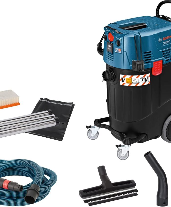 Bosch Professional aspirateur eau et poussière GAS 55 M AFC (avec suceur droit Ø 35 mm, sac jetable, coude, set suceurs pour sols, 1 filtre plissé plat PES, 3 tubes 0,35 m, flexible 5 m avec manchon)