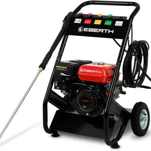 EBERTH Nettoyeur Haute Pression, Moteur à Essence 4 Temps de 6,5 CV, Nettoyeur Haute Pression Auto-Aspirant avec Une Pression de Travail de 210 Bars, avec 5 Buses et Un Tuyau pour Aspirer l&rsquo;eau