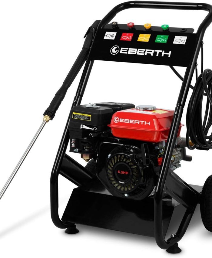 EBERTH Nettoyeur Haute Pression, Moteur à Essence 4 Temps de 6,5 CV, Nettoyeur Haute Pression Auto-Aspirant avec Une Pression de Travail de 210 Bars, avec 5 Buses et Un Tuyau pour Aspirer l&rsquo;eau
