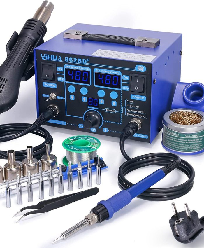 YIHUA 862BD+ Station de Soudage à Air Chaud et de Fer à Souder pour CMS, station 2 EN 1 avec fonction de stabilisation de la température et projets de bricolage électronique de réparation(EU PLUG)
