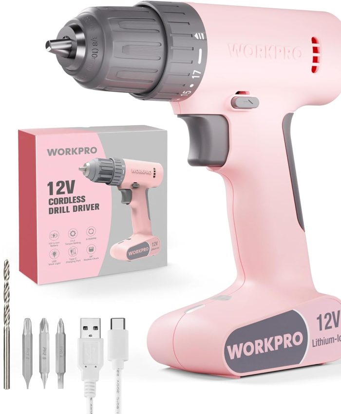 WORKPRO Perceuse Visseuse sans Fil 12V Tout-en-un avec Mandrin 10mm (3/8&Prime;) et Batterie 1500mAh, Charge Facile par USB de Type C, Réglage de Couple 17 + 1, et 3 Forets en HSS et 3 Embouts à Double Tête