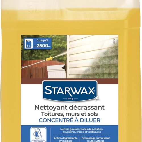 STARWAX – Nettoyant toitures, murs et sols – Concentré à diluer – Nettoie les graisses, les traces -Décapant multi-surfaces – Fabriqué en France – 5L = Jusqu&rsquo;à 2500 m2