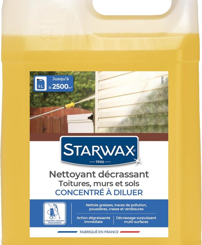 STARWAX – Nettoyant toitures, murs et sols – Concentré à diluer – Nettoie les graisses, les traces -Décapant multi-surfaces – Fabriqué en France – 5L = Jusqu&rsquo;à 2500 m2