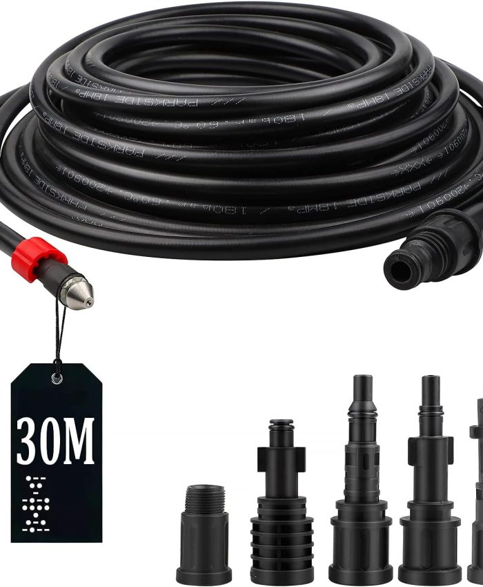 SWAWIS 30M 180bar Déboucheur Canalisation pour Nettoyeur Haute Pression Tuyau de nettoyeur haute pression avec 5 adaptateurs pour nettoyeur haute pression Kärcher/Lavor/Interpump/Bosch