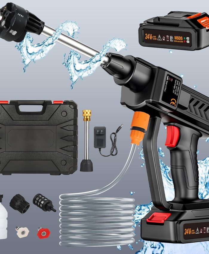 Nettoyeur Haute Pression Buse 6 en 1, Nettoyeur Haute Pression sans Fil avec 2 Batteries 24V, Pistolet Haute Pression sans Fil avec Tuyau de 5M, Adapté pour Nettoyer Les Voitures, Sols