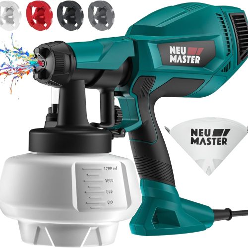 NEU MASTER Pistolet a Peinture Amélioré, Pistolet à Peinture Électrique, [500W/1200ml/4 Buses/3 Modèles] Pistolet électrique HVLP pour Intérieur et Extérieur de Maison, Armoires, Clôtures, Plafonds