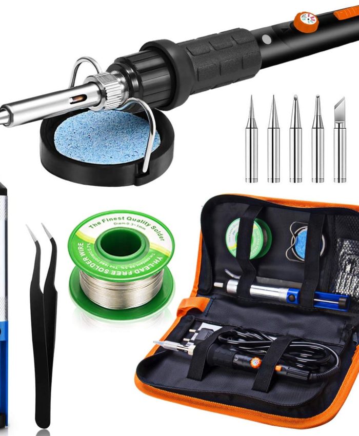 Preciva 11 in 1 Fer à Souder Set , 60W Température Réglable 220~480℃, 5 Pannes à Souder, 1 Pince, Barre de Soudure avec ON/OFF pour la Maintenance Electrique (Noir)