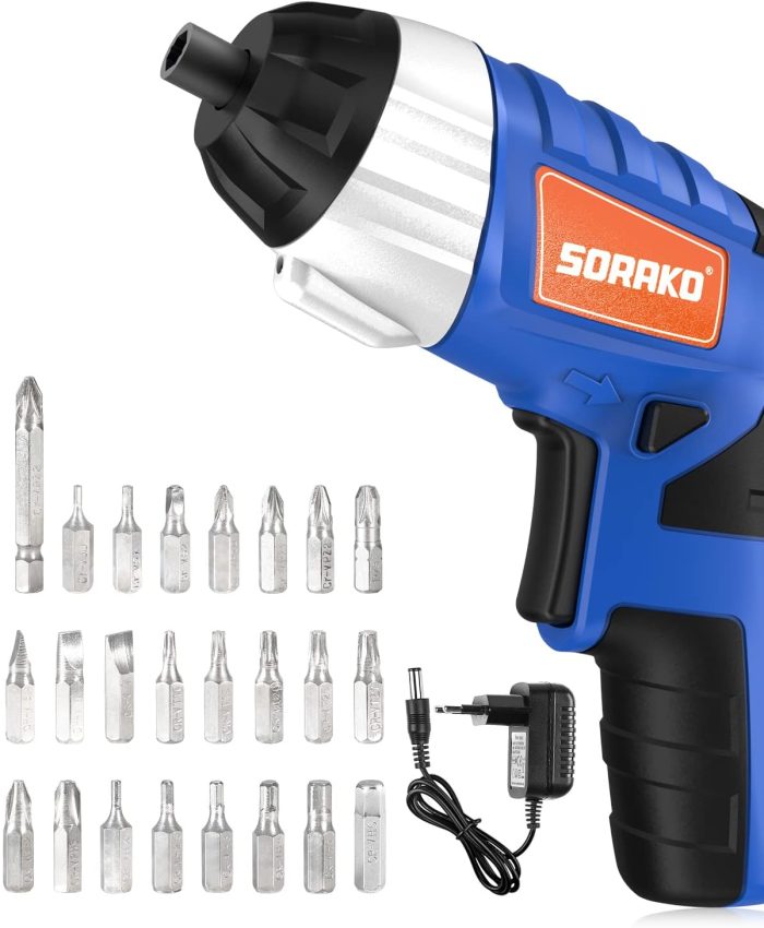 SORAKO Perceuse Visseuse Sans Fil 3.6V, Visseuse Devisseuse sans Fil avec Batteries 1.3Ah, 6Nm, LED, 30 Accessoires et Valise, pour la Bricolage