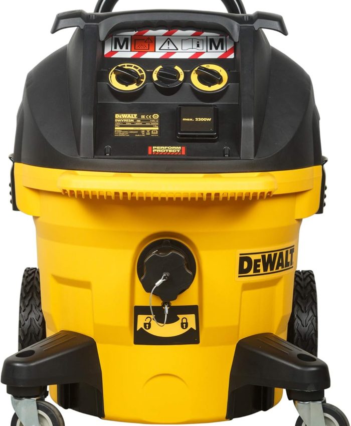 DEWALT – Aspirateur à Poussières 35L Classe M – DWV902M-QS – Aspirateur Chantier sans Sac avec Double Filtre, Manche Télescopique et Grandes Roues – Capacité du Réservoir 38l – 1400W