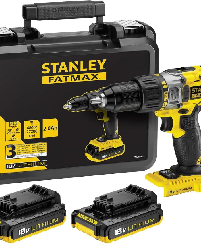Stanley FATMAX Perceuse à Percussion 18V Lithium Ion Mandrin Une Main Vitesse Variable Faisceau LED Clip Ceinture Avec 1 Mallette 2 Batteries 18V 2Ah 1 Chargeur FMC625D2-QW