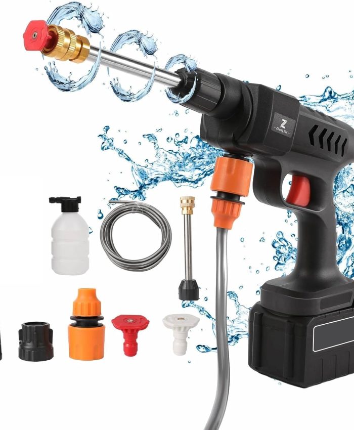 Nettoyeur Haute Pression sans Fil 60 Bar, 300W Nettoyeur Haute Pression à Batterie, Pistolet à Eau pour Lavage De Voiture avec Batteries, Tuyau 5m, Pulvérisateur de Mousse (20000mAh)