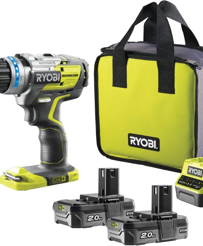 Ryobi – Perceuse-visseuse à percussion Brushless 18V ONE+ avec 2 batteries lithium+ 2,0 Ah – R18PDBL-220S