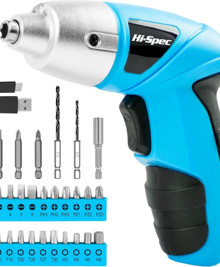 Hi-Spec Visseuse Sans Fil 3.6V Bleue, Tournevis Electrique Rechargeable USB 27 Pièces, 23 Embouts,Outils Bricolage pour Maison et Bureau