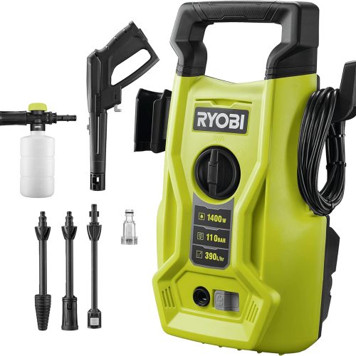 RYOBI – Nettoyeur haute pression 1400 W – 110 bars – 390 L – flexible 5 m PVC – lance vario – lance turbo – buse détergent 0,35 L – RY110PWA, Vert & Anthracite
