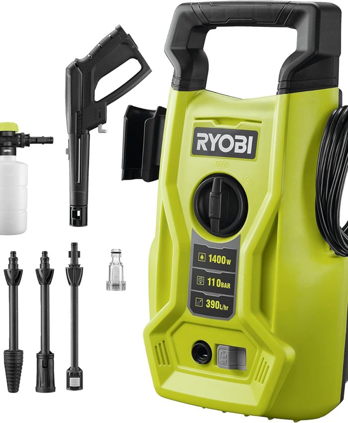 RYOBI – Nettoyeur haute pression 1400 W – 110 bars – 390 L – flexible 5 m PVC – lance vario – lance turbo – buse détergent 0,35 L – RY110PWA, Vert & Anthracite