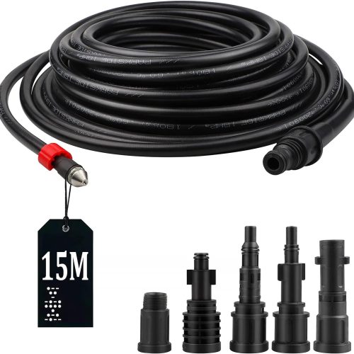 SWAWIS Tuyau de Nettoyage Haute Pression 15M 180bar deboucheur canalisation avec 5 adaptateurs pour Nettoyeur Haute Pression Kärcher/Lavor/Interpump/Bosch, kit de Nettoyage de Tuyau de vidange