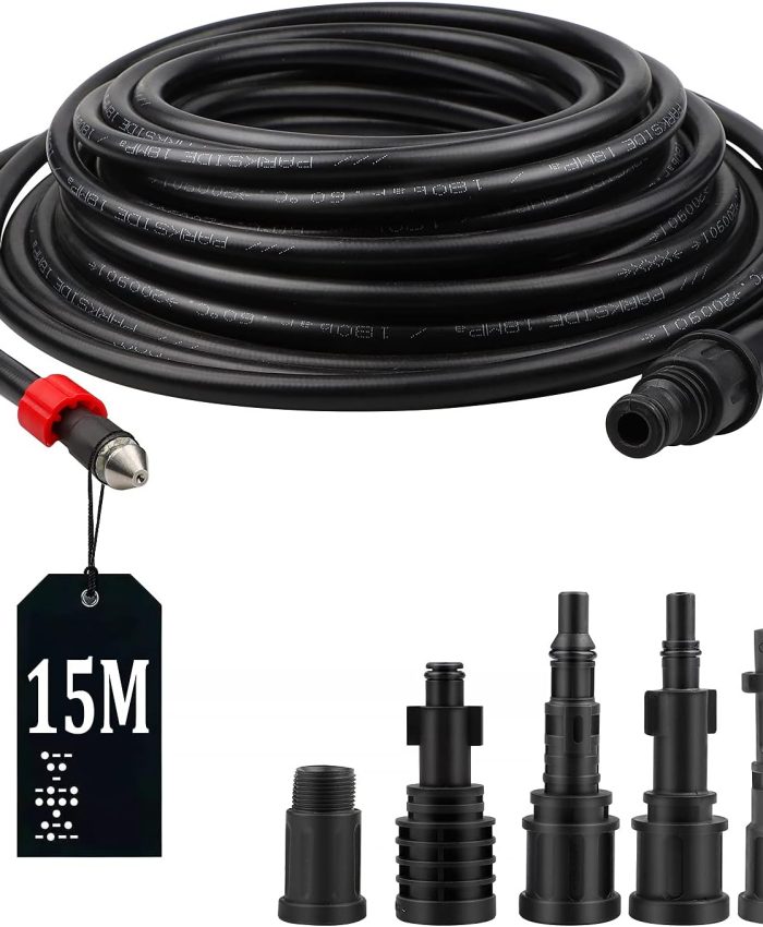 SWAWIS Tuyau de Nettoyage Haute Pression 15M 180bar deboucheur canalisation avec 5 adaptateurs pour Nettoyeur Haute Pression Kärcher/Lavor/Interpump/Bosch, kit de Nettoyage de Tuyau de vidange