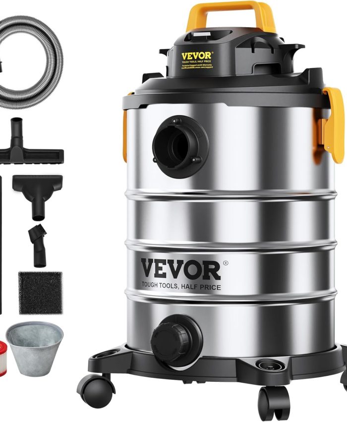 VEVOR Aspirateur eau et poussière 30 L, aspirateur d&rsquo;atelier sec humide portable inox, 6 CV max, aspiration soufflerie efficaces avec buse, roulettes, pour tapis, débris, poils d&rsquo;animaux, argent noir