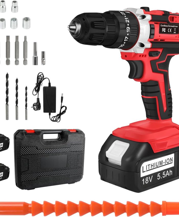 ASUNCELL Perceuse Visseuse Sans Fil 18V, Visseuse Devisseuse Sans Fil avec 2 Batteries 5.5Ah, 25+1 Réglages de Couple, 2 Vitesses, LED, 24 Accessoires et Valise, pour la Bricolage