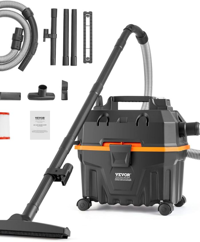 VEVOR Aspirateur eau et poussière 15 L, aspirateur d&rsquo;atelier sec humide portable léger, 5 CV max, aspiration et soufflerie efficaces avec buse, roulettes, pour tapis, débris, poils d&rsquo;animaux, noir
