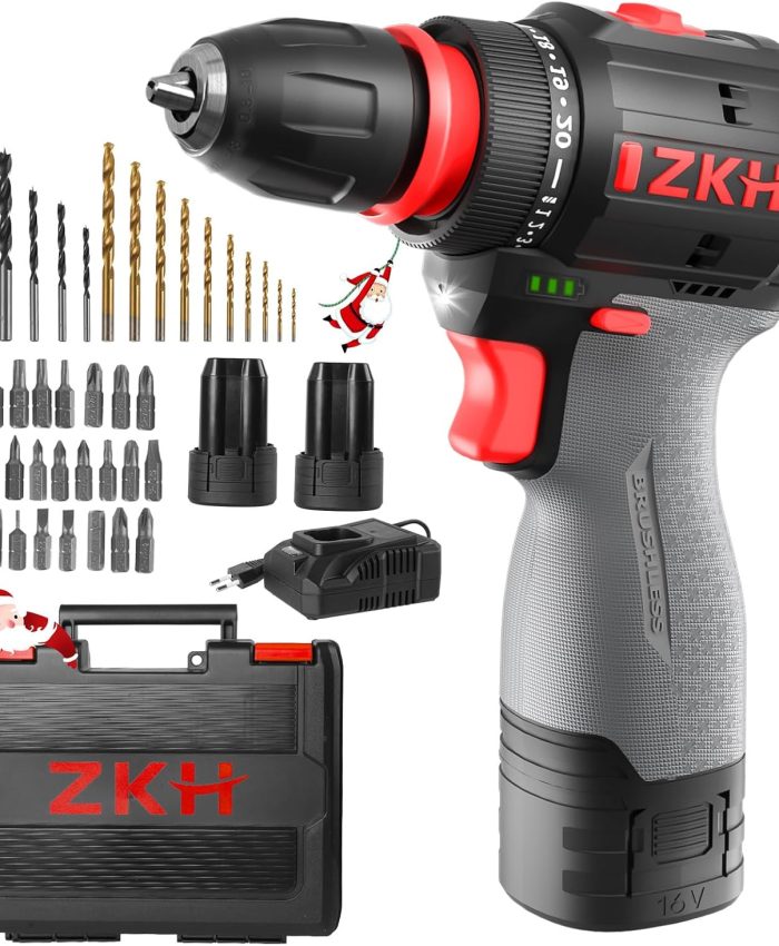 ZKH Perceuse Visseuse sans Fil 16V, Visseuse Devisseuse sans Fil 55 N.M avec 2 Batterie 2.0Ah, 20+1 Réglages de Couple, 47 Accessoires, 2 Vitesses, LED, Chargeur Rapide, pour Machine, Construction