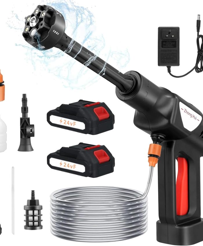 Nettoyeur Haute Pression sans Fil, Max 36 Bar/522 PSI Machine à Laver Haute Portable avec 2 Batteries 10000mA, 6 en 1 Multi-Pulvérisation, Tuyau 5 M, Pulvérisateur de Mousse pour Voiture Jardin