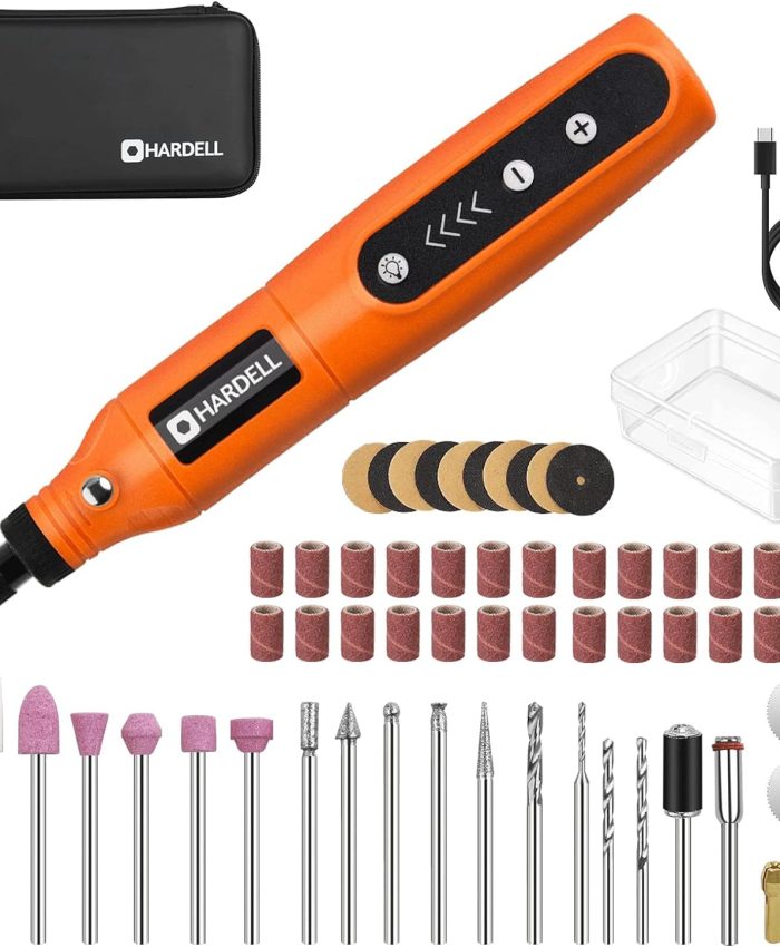 HARDELL 3.7 V Outil Rotatif Multifonction Sans Fil, 5-Vitesses 18000tr/min Max, Mini Perceuse Sans Fil Avec Lumière LED, 61 Pièces Accessoires pour Sculpture, Polissage, Ponçage, Perçage et Bricolage