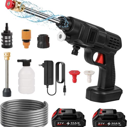 Nettoyeur Haute Pression sans Fil, 21 V 20 Bar Portable Nettoyeur Haute Pression sur Batterie, Buse Réglable Multifonction, avec 2 Batteries, Tuyau de 5M, pour Jardin et Voiture