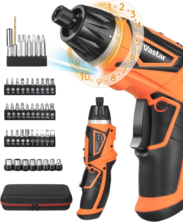 Vastar Visseuse Electrique Devisseuse Sans Fil 7.2v, 5.5Nm avec 2.0Ah Batterie Rechargeable, Poignée Pivotante, 320RPM, 10+1 Réglages de Couple, 47 Accessoires