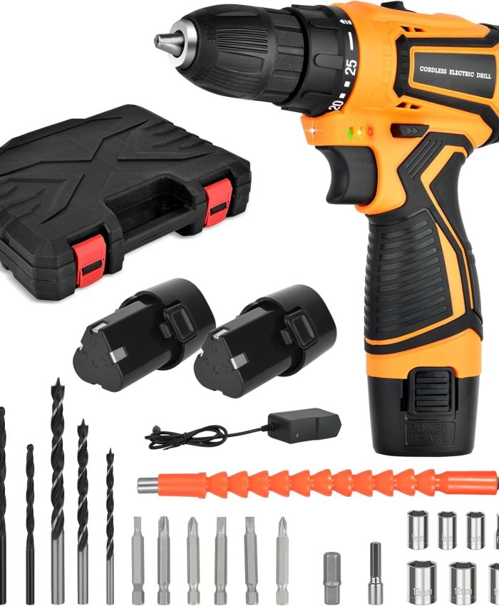Perceuse visseuse sans fil, perceuse électrique 12 V, réglage de couple 25 + 1, 2 vitesses, avec batterie 2 * 1,5 Ah, ensemble d&rsquo;accessoires de bricolage, adapté au bois, au métal et au béton