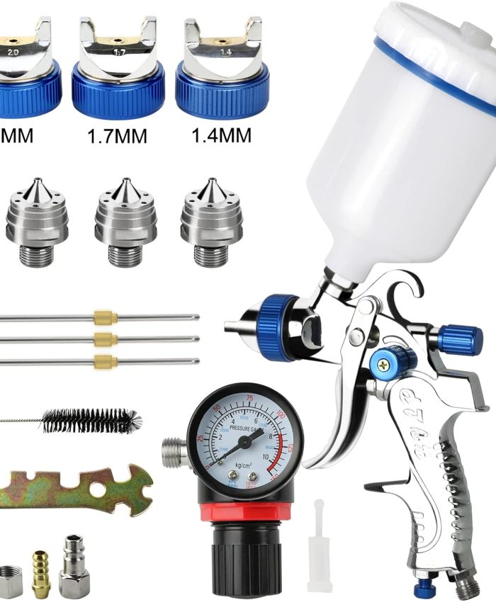 Awsuc HVLP Pistolet à peinture professionnel avec 3 buses 1,4 mm 1,7 mm 2,0 mm avec gobelet en plastique de 600 ml et régulateur de pression d&rsquo;air