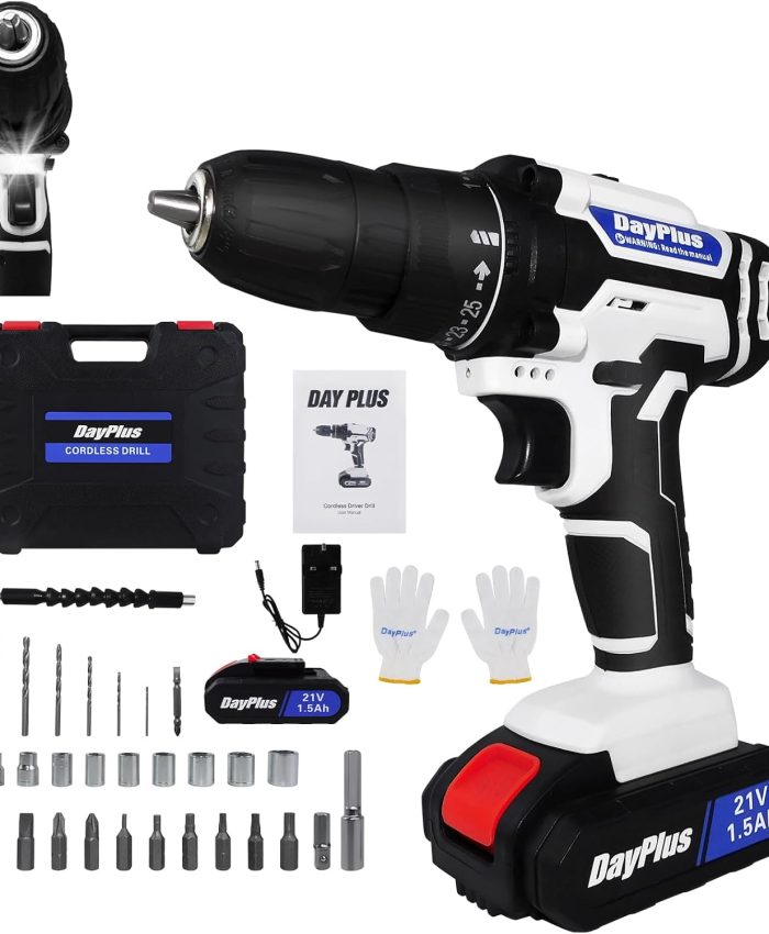 Perceuse à percussion sans fil 21 V avec chargeur rapide de batterie, 1 batterie lithium-ion de 1500 mAh, mandrin de 9,5 mm, couple 25 + 1, lumière LED, 2 vitesses, marteau perforateur avec 29