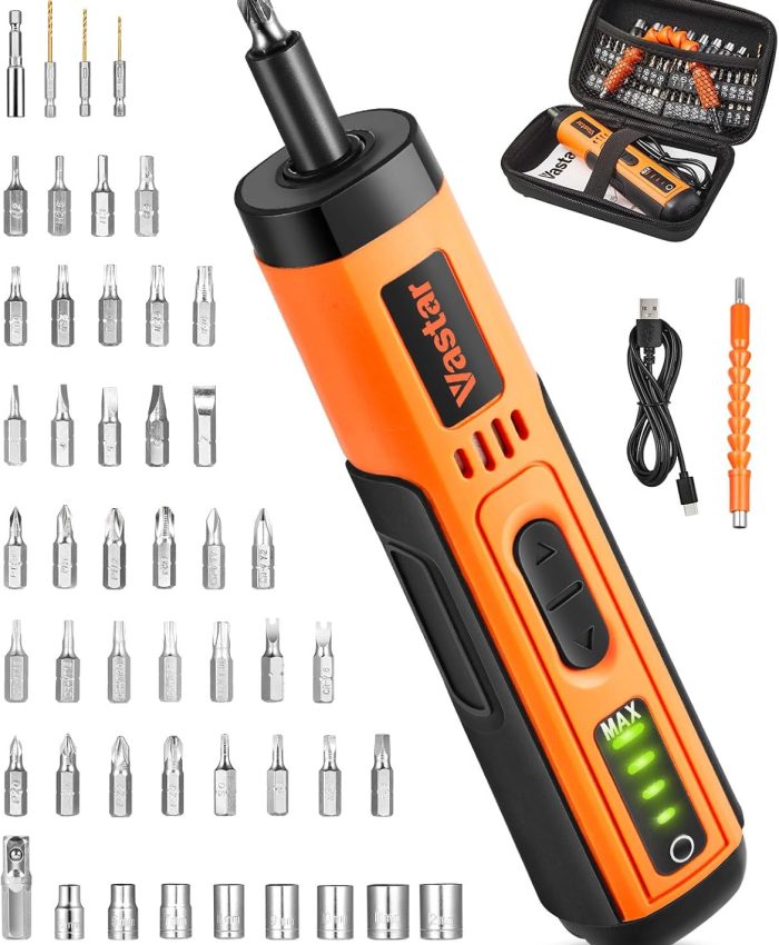 Vastar Tournevis Electrique Sans Fil, 4.2V Visseuse Devisseuse Sans Fil avec 2.0Ah Batterie Rechargeable, Mandrin Magnétique, 220RPM, 4 Réglages de Couple, 49 Accessoires