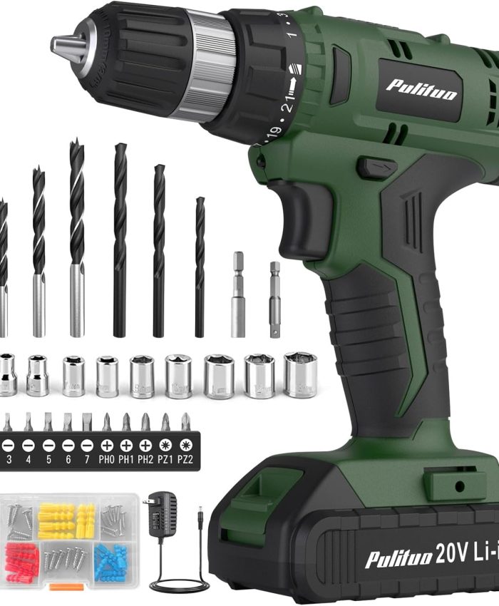 PULITUO 20V Perceuse-visseuse ，puissant kit de forets, couple 30n, réglage de couple 21 + 1, mandrin sans clé 3/8 « , 40 forets, perceuse électrique avec batterie lithium – ion 2.0ah et lampe LED.