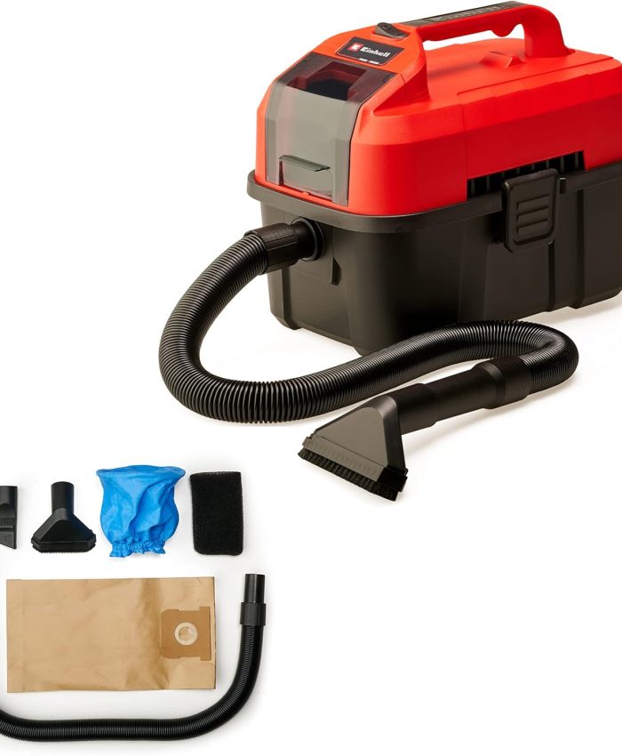 Einhell Aspirateur eaux et poussières sans fil TE-VC 18/10 Li-Solo (avec tuyau d’aspiration 2 m, buse rainures/brosse + buse universelle/tissus d’ameublement, vendu sans batterie ni chargeur)