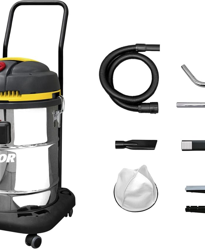 Aspirateur Eau et Poussière WD 255 XE, Réservoir en acier inox de 55 litres avec Prise pour Outils Electriques, 2 Moteurs à Rendement Elevé de 1400 Watt max