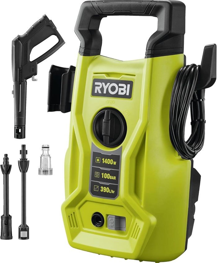 RYOBI – Nettoyeur haute pression 1400 W – 100 bars – 360 L – flexible 5 m PVC – lance vario – RY100PWA, Vert & Anthracite