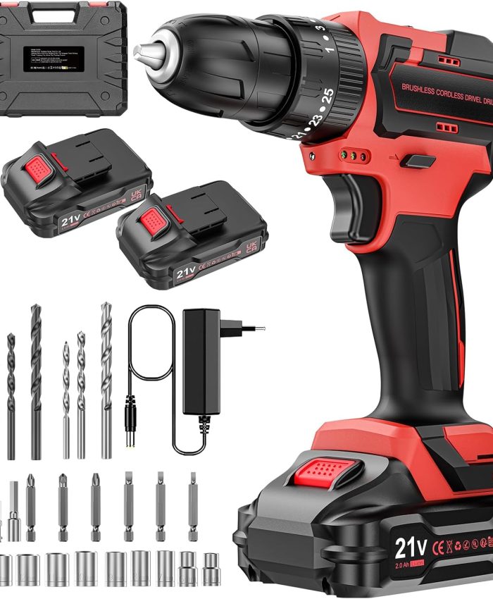 Brushless Perceuse Visseuse Sans Fil 21V, Visseuse Devisseuse Sans Fil Avec 2 Batteries 2.0Ah, 25+3 Réglages de Couple, 2 Vitesse, Lumières LED