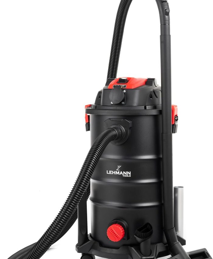 LEHMANN Aspirateur Eau/poussière avec réservoir de 30L, 1600W, aspirateur Industriel avec Prise électrique et secoueur Manuel, Fonction soufflerie, avec & sans Sac, pour l&rsquo;atelier, Le Chantier