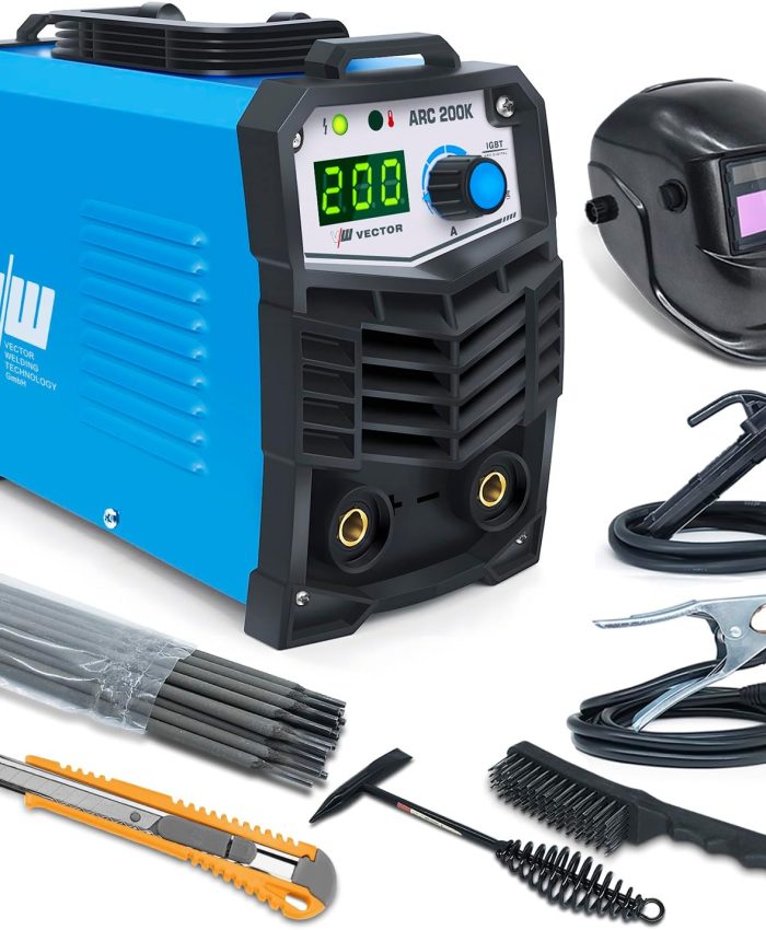 Poste à souder à électrodes MMA 200A – Inverter – Poste à souder à électrodes 230V – 200 Ampères – Kit avec casque de soudage, marteau à scories, brosse, 10x électrodes – VECTOR WELDING