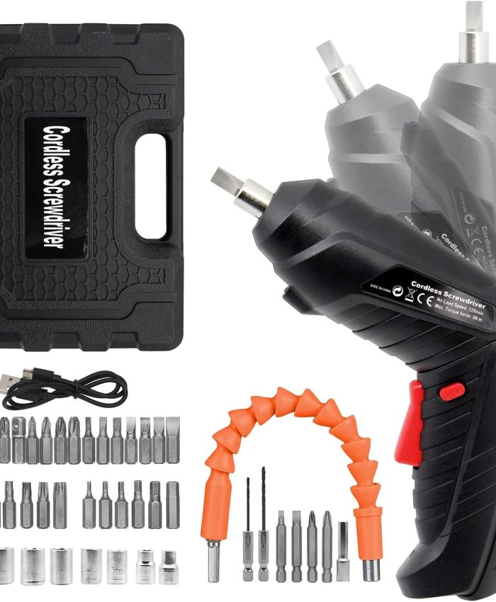 Perceuse Visseuse Sans Fil 3.5Nm, Visseuse Devisseuse 1300mAh 3.6V + 47 Accessoires, 2 Sens Rotation + Lampe LED, Câble Charge USB, idéal pour le montage de meubles, les projets de bricolage (noir)