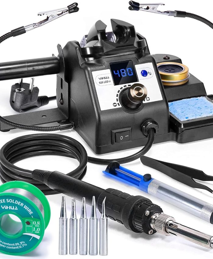 YIHUA 926LED-IV Station de soudure 60W 90~480°C Kit de soudure avec 2 mains secourables, distributeur de fil à souder, 5 pannes à souder supplémentaires, pompe à dessouder, 50g de soudure sans plomb